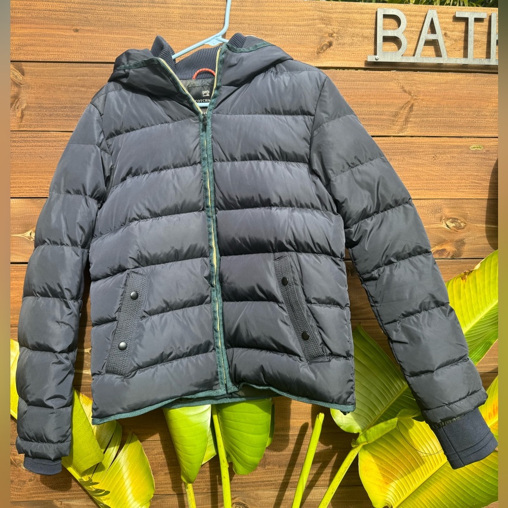 Scotch & Soda Hooded Puffer Jacket Blue Size Medium